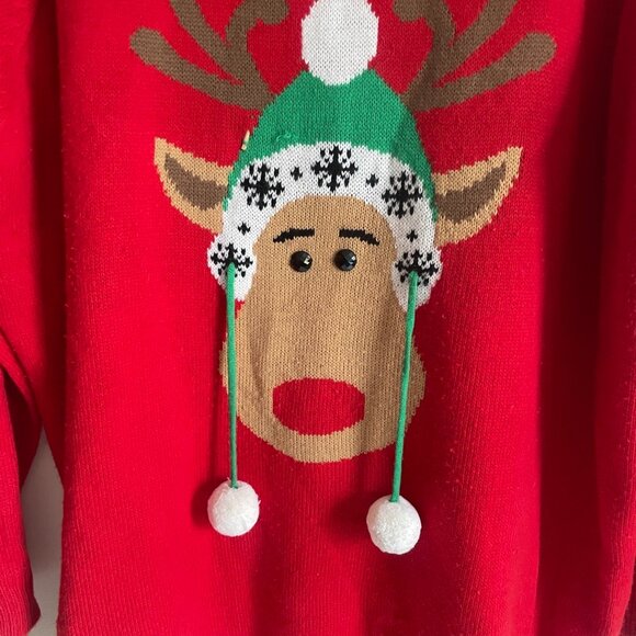 Ugly Christmas Sweater – Red Reindeer with Pom Pom Hat - Picture 2 of 8